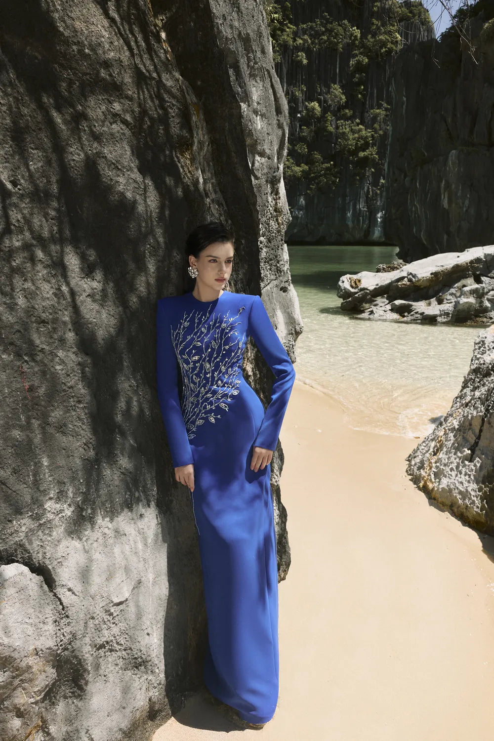 Padded Shoulder Crystal Embellished Straight Dress